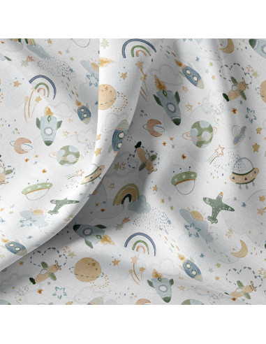 Tissu, Popeline de Coton, Motif Espace Multicolore, Laize 150 cm, 100% Coton 115g/m²