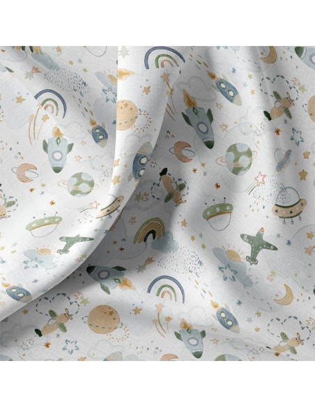 Tissu, Popeline de Coton, Motif Espace Multicolore, Laize 150 cm, 100% Coton 115g/m²