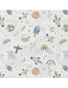 Tissu, Popeline de Coton, Motif Espace Multicolore, Laize 150 cm, 100% Coton 115g/m²