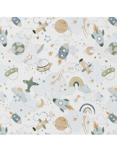 Tissu, Popeline de Coton, Motif Espace Multicolore, Laize 150 cm, 100% Coton 115g/m²