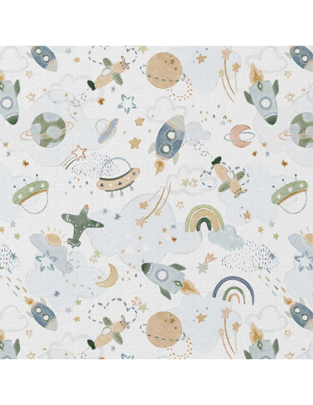 Tissu, Popeline de Coton, Motif Espace Multicolore, Laize 150 cm, 100% Coton 115g/m²