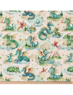 Tissu, Popeline de Coton Impression Digitale, Dragons Multicolore, Laize 150 cm, 100% Coton 115g/m² 2