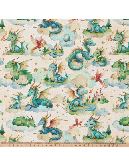 Tissu, Popeline de Coton Impression Digitale, Dragons Multicolore, Laize 150 cm, 100% Coton 115g/m²