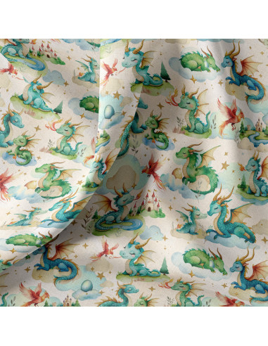 Tissu, Popeline de Coton Impression Digitale, Dragons Multicolore, Laize 150 cm, 100% Coton 115g/m²