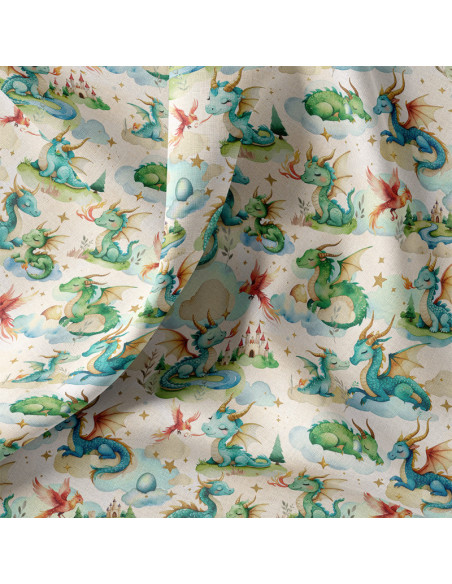 Tissu, Popeline de Coton Impression Digitale, Dragons Multicolore, Laize 150 cm, 100% Coton 115g/m²