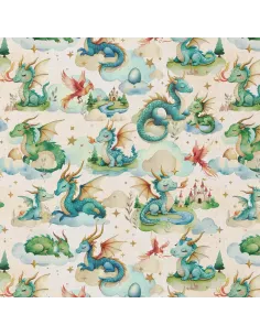 Tissu, Popeline de Coton Impression Digitale, Dragons Multicolore, Laize 150 cm, 100% Coton 115g/m²