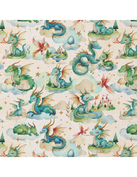 Tissu, Popeline de Coton Impression Digitale, Dragons Multicolore, Laize 150 cm, 100% Coton 115g/m²