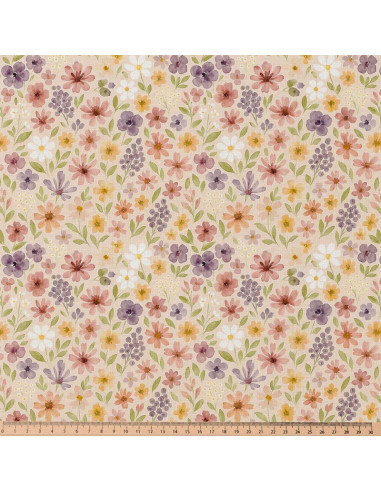 Tissu, Popeline de Coton Fleurs Champêtres, Multicolore, Laize 150 cm, 100% Coton 115g/m²
