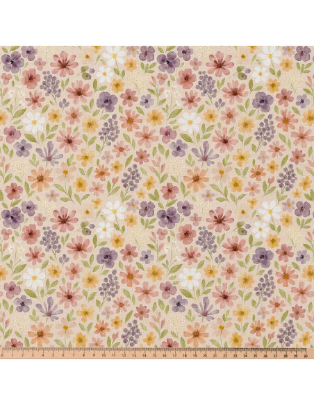Tissu, Popeline de Coton Fleurs Champêtres, Multicolore, Laize 150 cm, 100% Coton 115g/m²