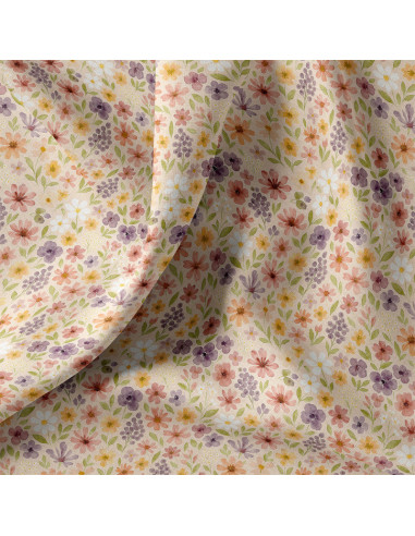 Tissu, Popeline de Coton Fleurs Champêtres, Multicolore, Laize 150 cm, 100% Coton 115g/m²