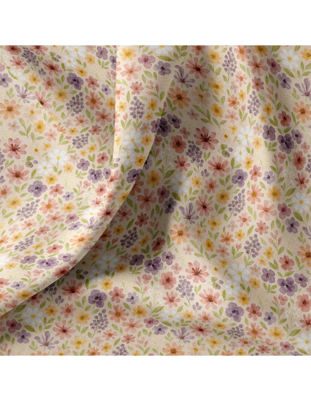 Tissu, Popeline de Coton Fleurs Champêtres, Multicolore, Laize 150 cm, 100% Coton 115g/m²