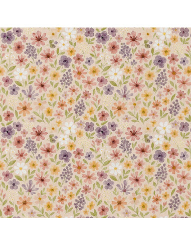 Tissu, Popeline de Coton Fleurs Champêtres, Multicolore, Laize 150 cm, 100% Coton 115g/m²