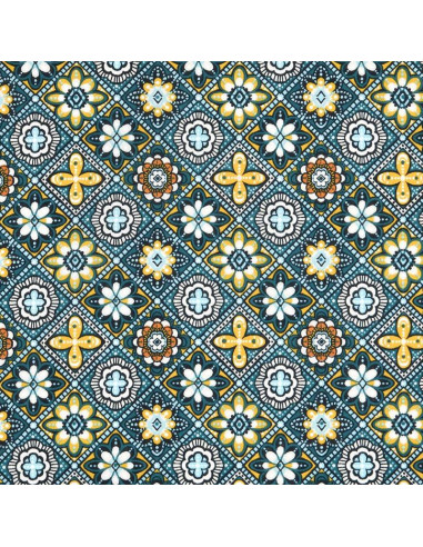 Tissu, Coton Enduit Marrakech, Jaune Multicolore, Laize 155 cm, 78% Coton 22% Acrylique 180g/m²