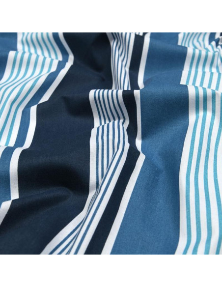 Tissu, Coton Enduit Rayures Bayadères, Bleu Marine Bleu Denim & Blanc, Laize 140 cm, 87% Coton 13% Acrylique 145g/m²