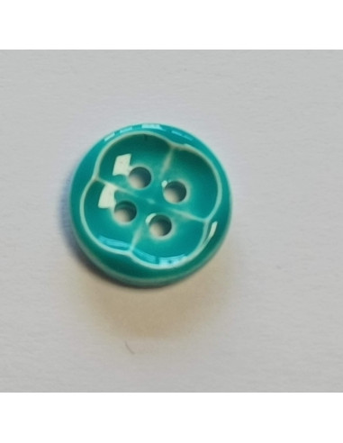 Bouton polyester 4 trous , 11mm, rond, trèfle, bleu turquoise