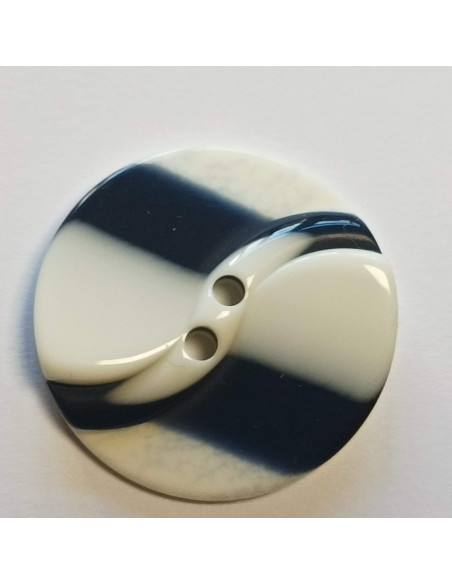 Bouton 2 trous, 27mm, fond blanc, rayures bleues