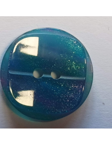 Bouton polyester 2 trous, 21mm, rond avec un carré teinté de bleu à  paillettes, bleu azur clair