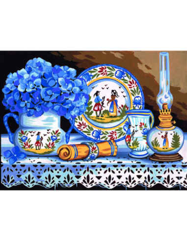Canevas : 40x50 cm, Faïence et hortensias