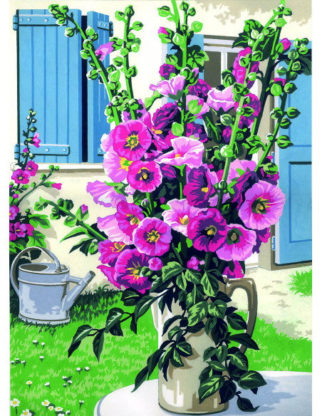 Canevas : 45x60 cm, Bouq./roses trémières