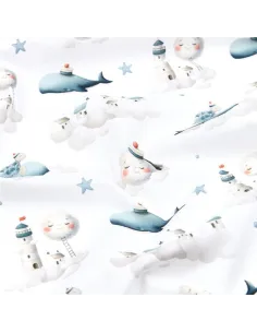Tissu, Popeline de Coton Impression Digitale Baleine, Multicolore sur Blanc, Laize 140 cm, 100% Coton Oeko-Tex 2