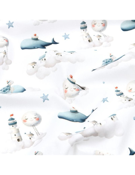 Tissu, Popeline de Coton Impression Digitale Baleine, Multicolore sur Blanc, Laize 140 cm, 100% Coton Oeko-Tex