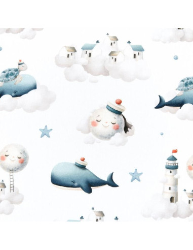 Tissu, Popeline de Coton Impression Digitale Baleine, Multicolore sur Blanc, Laize 140 cm, 100% Coton Oeko-Tex