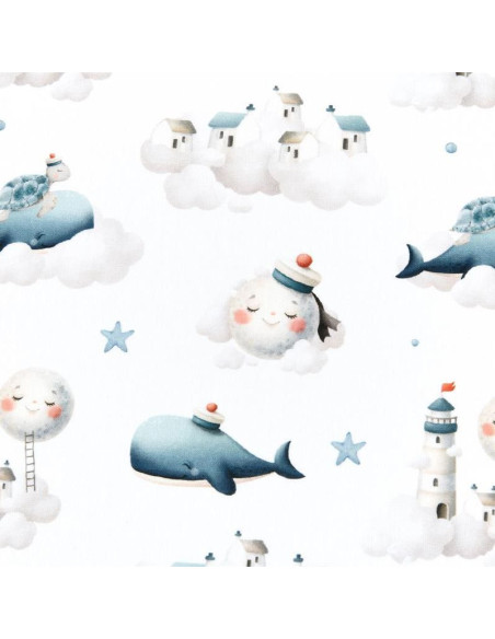 Tissu, Popeline de Coton Impression Digitale Baleine, Multicolore sur Blanc, Laize 140 cm, 100% Coton Oeko-Tex