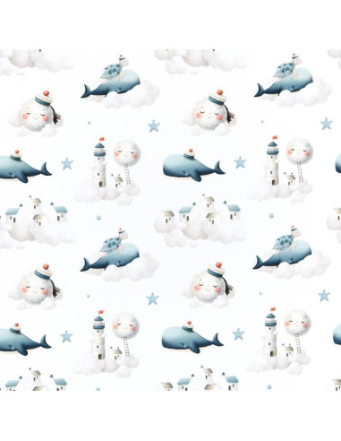 Tissu, Popeline de Coton Impression Digitale Baleine, Multicolore sur Blanc, Laize 140 cm, 100% Coton Oeko-Tex