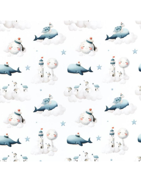 Tissu, Popeline de Coton Impression Digitale Baleine, Multicolore sur Blanc, Laize 140 cm, 100% Coton Oeko-Tex
