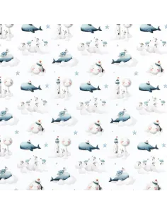 Tissu, Popeline de Coton Impression Digitale Baleine, Multicolore sur Blanc, Laize 140 cm, 100% Coton Oeko-Tex