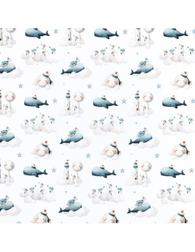Tissu, Popeline de Coton Impression Digitale Baleine, Multicolore sur Blanc, Laize 140 cm, 100% Coton Oeko-Tex