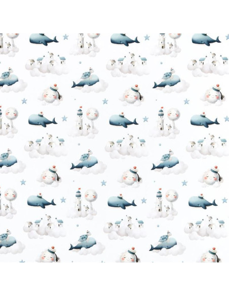 Tissu, Popeline de Coton Impression Digitale Baleine, Multicolore sur Blanc, Laize 140 cm, 100% Coton Oeko-Tex
