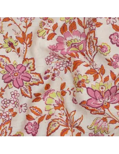 Tissu, Viscose Lin Fleuri Impression Digitale, Rose Fuchsia Orangé Vert Anis sur Écru, Laize 150 cm, 85% Viscose 15% Lin 120g/m²