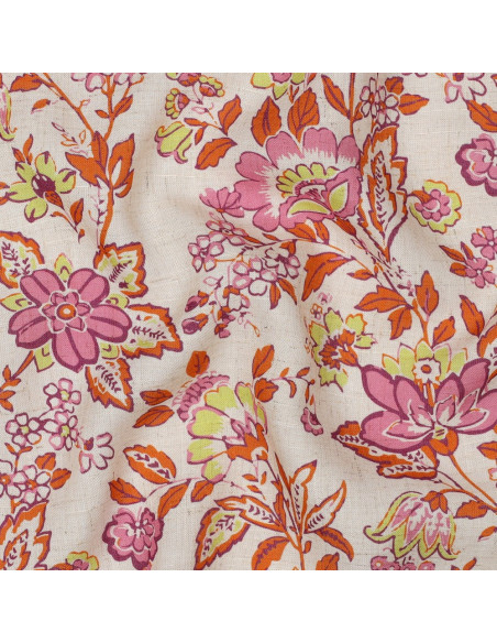 Tissu, Viscose Lin Fleuri Impression Digitale, Rose Fuchsia Orangé Vert Anis sur Écru, Laize 150 cm, 85% Viscose 15% Lin 120g/m²