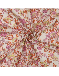 Tissu, Viscose Lin Fleuri Impression Digitale, Rose Fuchsia Orangé Vert Anis sur Écru, Laize 150 cm, 85% Viscose 15% Lin 120g/m² 2