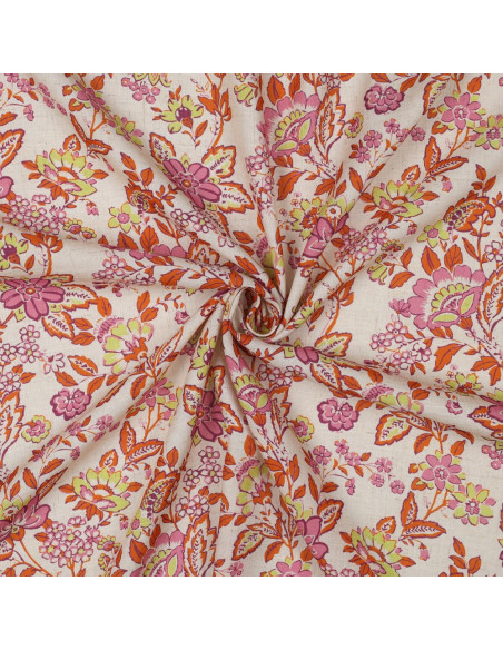 Tissu, Viscose Lin Fleuri Impression Digitale, Rose Fuchsia Orangé Vert Anis sur Écru, Laize 150 cm, 85% Viscose 15% Lin 120g/m²