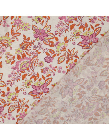 Tissu, Viscose Lin Fleuri Impression Digitale, Rose Fuchsia Orangé Vert Anis sur Écru, Laize 150 cm, 85% Viscose 15% Lin 120g/m²