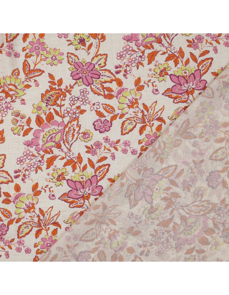 Tissu, Viscose Lin Fleuri Impression Digitale, Rose Fuchsia Orangé Vert Anis sur Écru, Laize 150 cm, 85% Viscose 15% Lin 120g/m²