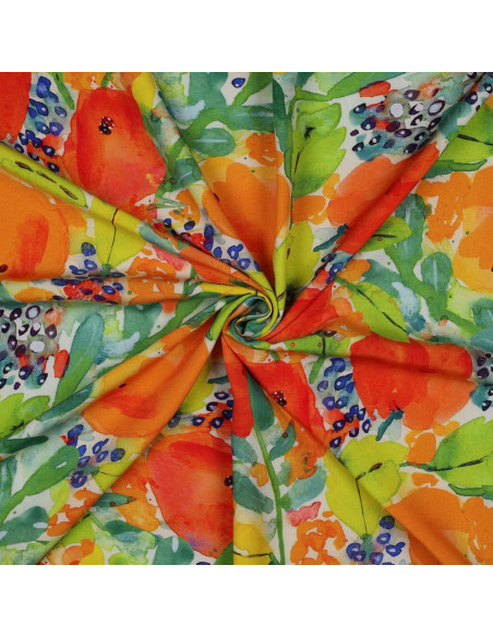 Tissu, Viscose Fluide Fleuri, Multicolore sur Écru, Laize 140 cm, 100% Viscose 110g/m²