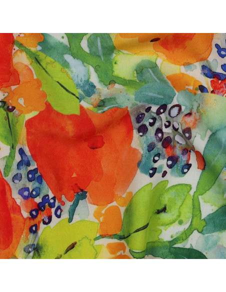Viscose, impression digitale, fleurs oranges