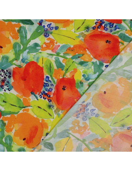 Viscose, impression digitale, fleurs oranges