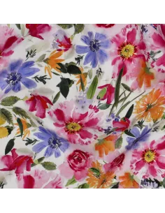 Tissu, Viscose Fluide, Fleurs Abstraites Multicolores sur Fond Sombre, Laize 140 cm, 100% Viscose 110g/m²