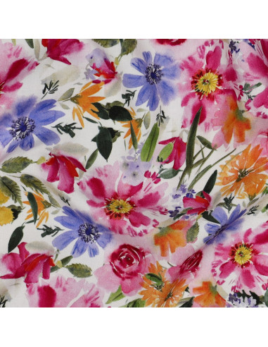 Tissu, Viscose Fluide, Fleurs Abstraites Multicolores sur Fond Sombre, Laize 140 cm, 100% Viscose 110g/m²