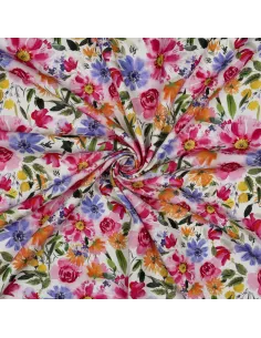 Tissu, Viscose Fluide, Fleurs Abstraites Multicolores sur Fond Sombre, Laize 140 cm, 100% Viscose 110g/m² 2