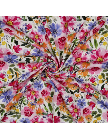 Tissu, Viscose Fluide, Fleurs Abstraites Multicolores sur Fond Sombre, Laize 140 cm, 100% Viscose 110g/m²