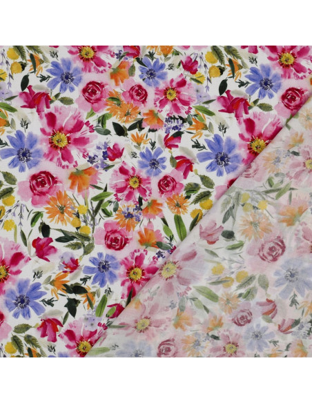 Tissu, Viscose Fluide, Fleurs Abstraites Multicolores sur Fond Sombre, Laize 140 cm, 100% Viscose 110g/m²