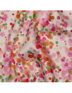 Tissu, Satin de Viscose, Pois Rose Fuchsia Vert Émeraude sur Noir, Laize 140 cm, 100% Viscose 115g/m²