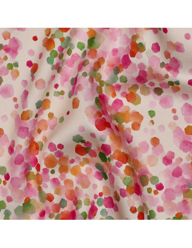 Tissu, Satin de Viscose, Pois Rose Fuchsia Vert Émeraude sur Noir, Laize 140 cm, 100% Viscose 115g/m²