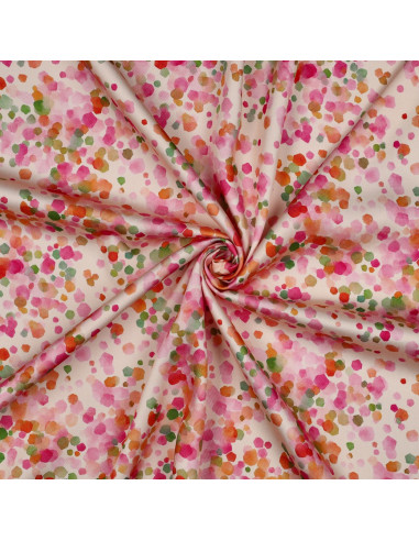 Tissu, Satin de Viscose, Pois Rose Fuchsia Vert Émeraude sur Noir, Laize 140 cm, 100% Viscose 115g/m²