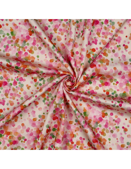 Tissu, Satin de Viscose, Pois Rose Fuchsia Vert Émeraude sur Noir, Laize 140 cm, 100% Viscose 115g/m²